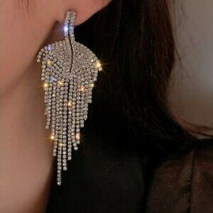 Long Tassel Silver Crystal Rhinestone Leaf Dangle Drop Statement Earrings